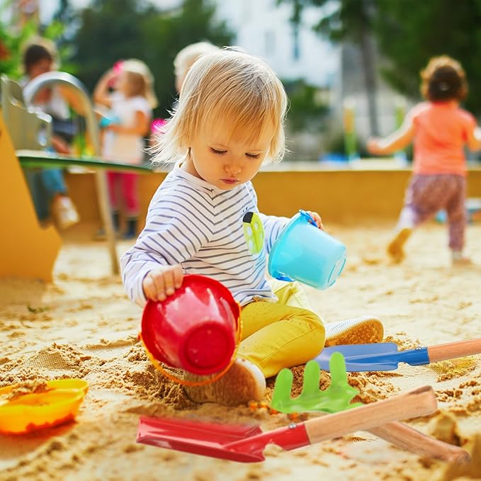 Tarpop 9 Pcs Kids Gardening Tools Set, Metal Kids Yard Tools with Sturdy Wooden Handle Safe Children Beach Sandbox Toy Sand Play Kit for Flower Soil Planting Loosening Digging, Trowel, Rake, Shovel