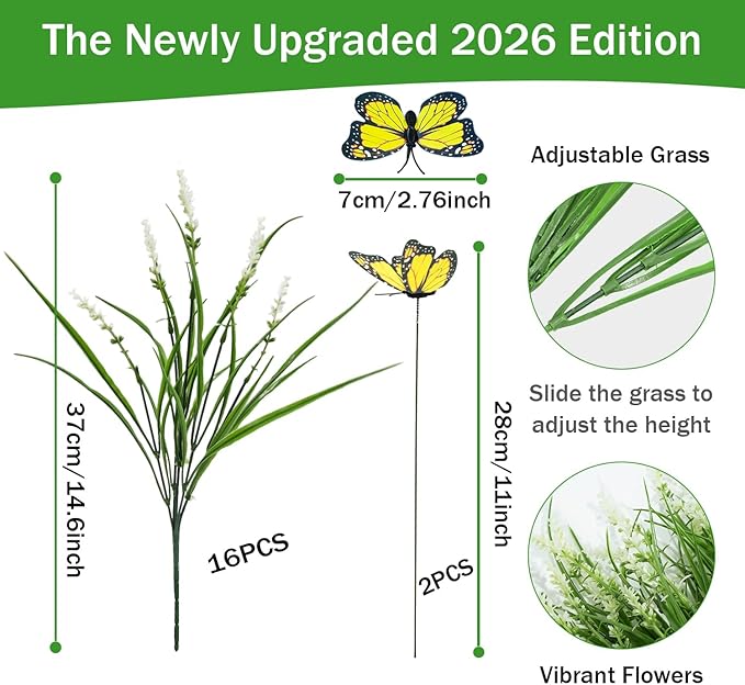 16 Bundles Artificial Outdoor Plants and 2 Pcs Butterfly Stakes Fake Monkey Grass with Flowers UV Resistant Faux Plant Greenery for Outside Planter Porch Patio Garden Window (White)