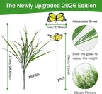 16 Bundles Artificial Outdoor Plants and 2 Pcs Butterfly Stakes Fake Monkey Grass with Flowers UV Resistant Faux Plant Greenery for Outside Planter Porch Patio Garden Window (White)