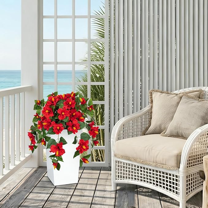 Briful 27.5" Artificial Hibiscus Plant in Tall White Planter, Large Faux Tropical Flower Arrangement for Front Door Porch Patio Balcony Outdoor Indoor Decoration, UV Resistant Fake Red Hibiscus Tree