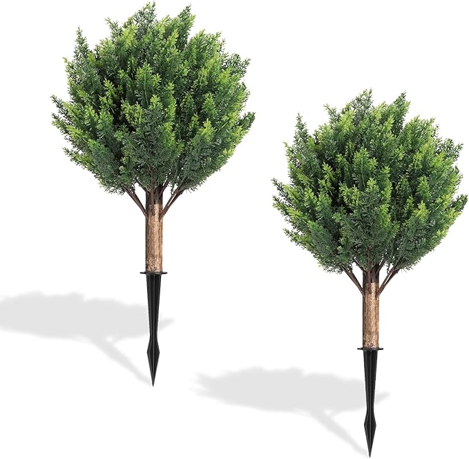 Shinoske 23.8" Artificial Cedar Topiary Ball Trees,Set of 2 Outdoor Faux Evergreen Shrubs with Ground Spike,UV Resistant Fake Cedar Plants for Front,Garden,Porch,Yard