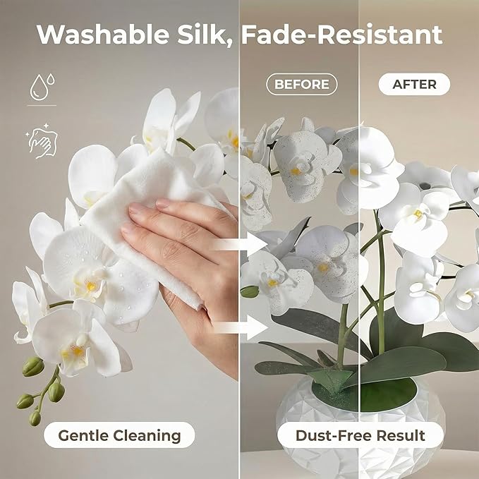 Artificial Orchid with 3D Printed Vase, 24 Stems Realistic Fake Phalaenopsis, Adjustable Silk Flowers for Home Decor, Wedding Table Centerpieces, 2 Bunches + White