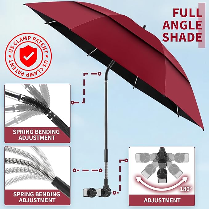 2 Pack 48.6" Double Canopy Umbrella with Clamp, UPF50+ Beach Chair Umbrella with clip, 360°Adjustable Portable Outdoor Wheelchair, Patio, Golf Carts,Camping(Not Include Chair)