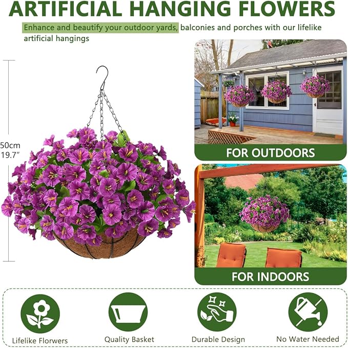 Homsunny Artificial Hanging Flowers Plants Basket for Outdoor Decoration,Fake Petunias Faux Silk Moring Glory UV Resistant for Outside Porch Patio Courtyard Spring Summer Decor(Purple)