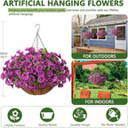 Homsunny Artificial Hanging Flowers Plants Basket for Outdoor Decoration,Fake Petunias Faux Silk Moring Glory UV Resistant for Outside Porch Patio Courtyard Spring Summer Decor(Purple)