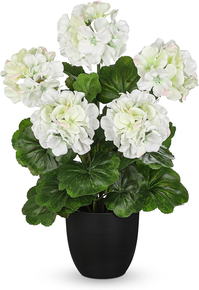 Briful 16” Geraniums Artificial Flowers Realistic Potted Plant – White Fake Geraniums for Outdoors, Silk Flowers Artificial Outdoor Plants for Indoor Home Decor, Farmhouse Table Centerpiece Decoration
