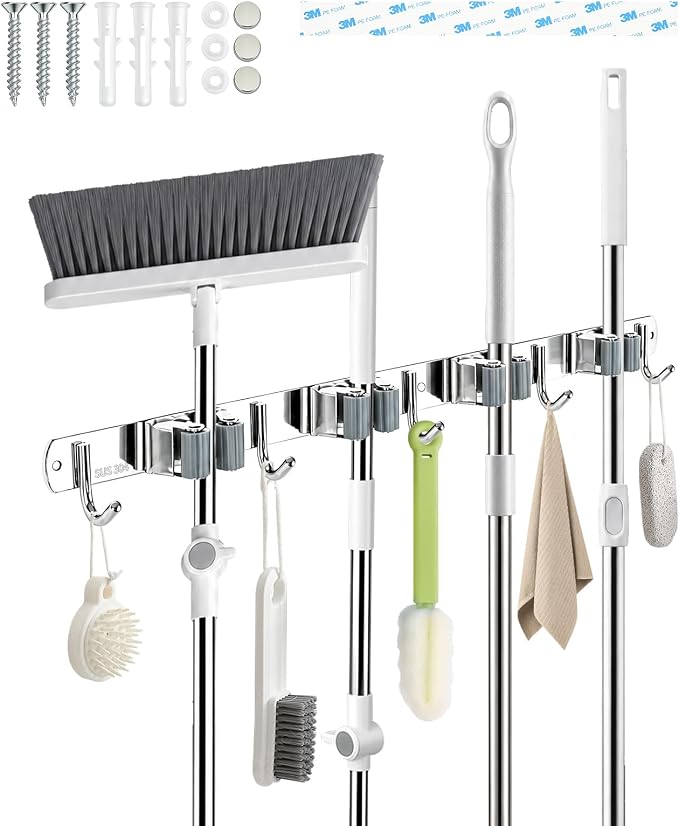 4 Racks and 5 Hooks Mop and Broom Holder Wall Mount, 304 Stainless Steel Broom Hanger Organizer for Home Kitchen Garden Laundry Garage