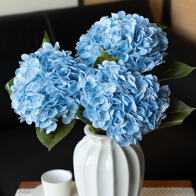 DUYONE 3PCS 22 inch Realistic Artificial Hydrangea Large Flowers Artificial Flowers Dry Flowers Outdoor Wedding Christmas Office Family Party Living Room Table Decoration (Blue)