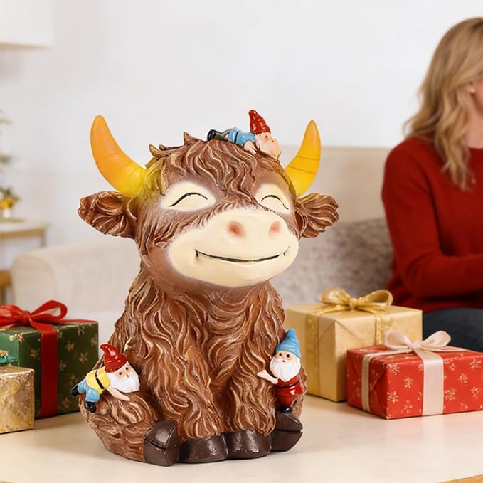 Solar Highland Cow Garden Statue with Funny Gnomes Outdoor Decor,Cow Figurine with LED Lights Yard Art Decoration for Garden,Patio,Lawn-Unique Gift for Mom,Grandma