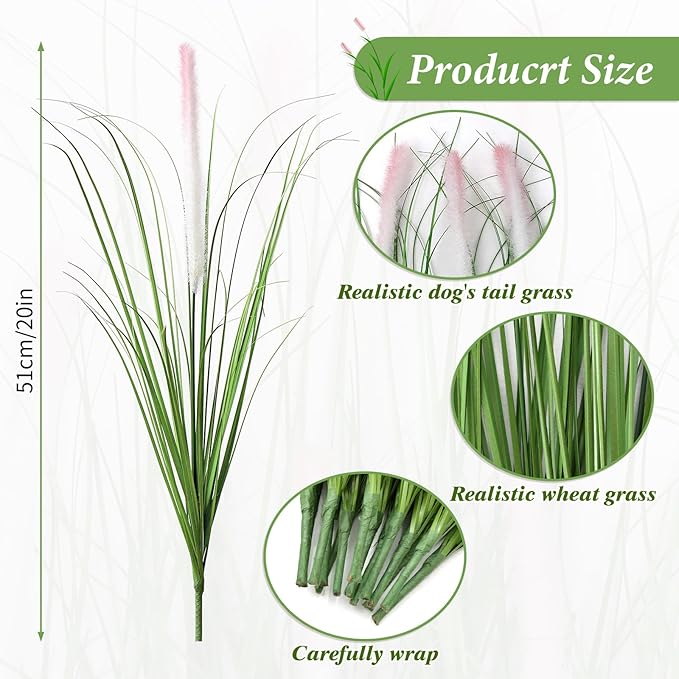 14PCS Artificial White Pink Tip Dog Tail Grass Onion Grass UV Resistant Outdoors Faux Shrubs Ornamental Wheat Grass Cattails Faux Bushes Home Decor for Outdoor Garden