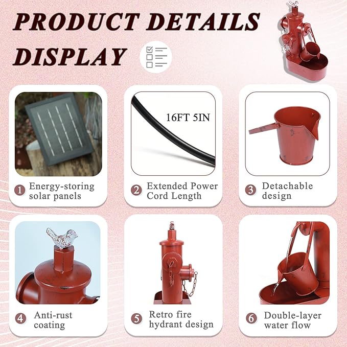 Metal Fire Hydrant Solar Water Fountain with Backup Battery,Solar Powered Water Fountain Outdoor,Solar Fountain Bird Bath for Garden, Patio & Yard Decor,Working at Night for at Least 6 Hours (red)