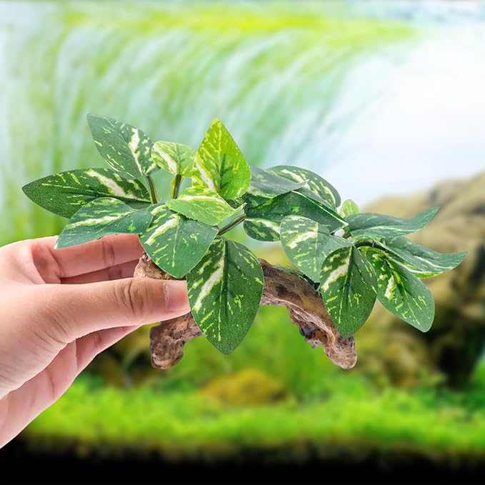 CousDUoBe 9 Pcs Fish Tank Decor，Silk Aquarium Plants Green Silk Leaf pad Hammock Artifical Driftwood cave Betta Fish Tank Accessories 6 x 3 x 4 inches(LxWxH)
