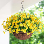 Artificial Flowers for Outdoors Fake Flowers Plants for Spring Summer Decor, 12 Bundles Silk Morning Glory with Eucalyptus Look Real UV Resistant Yellow Faux Flowers for Outside Planters Yard Patio