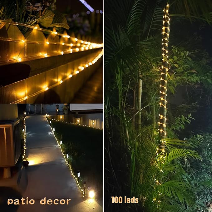 LairtPOW Solar Rope Light Waterproof IP65 39FT 100LEDs Outdoor LED ‎Solar Outdoor Lights for Party Garden Yard Home Wedding Christmas Halloween Holiday Tree Decoration Lighting