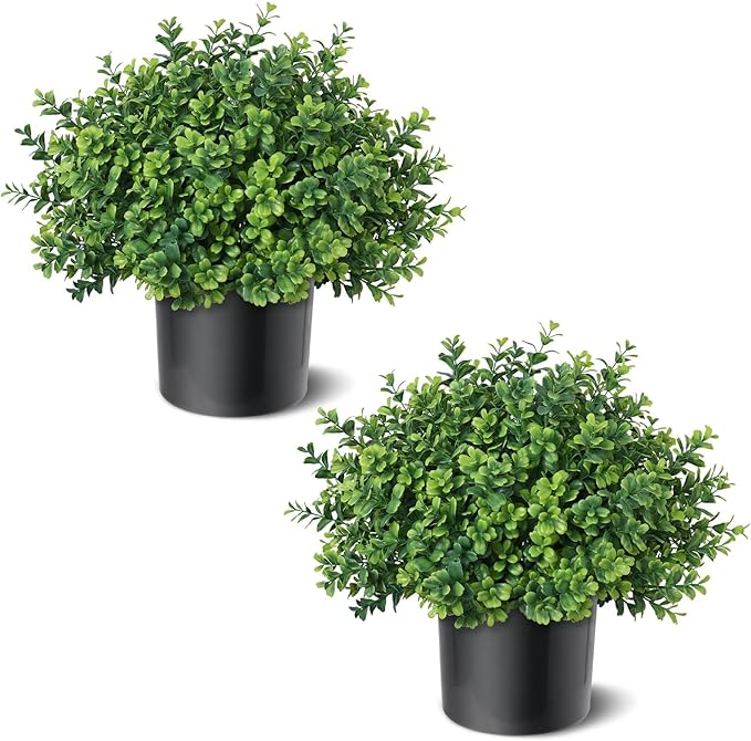 Set of 2 Artificial Boxwood Topiary Trees for Front Door - Faux Realistic Greenery Potted Plants, Fake Outdoor UV-Resistant Bushes with Pots for Porch,Farmhouse,Home,Garden Decor