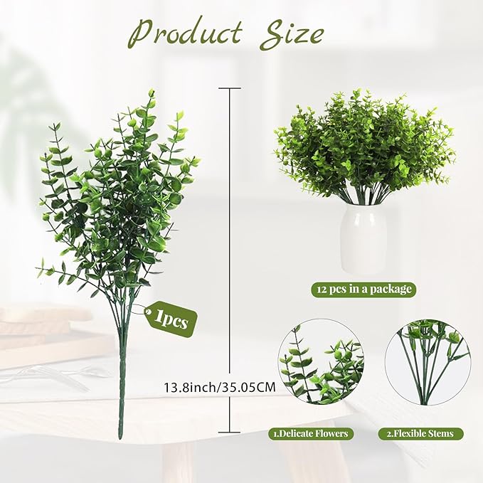 RECUTMS Artificial Boxwood Stems Fake Plant 12 Large Pieces, Faux Farmhouse Greenery Shrubs to Brighten up Your Wedding Home Kitchen Garden Patio Yard Indoor Outdoor Decor(Eucalyptus)