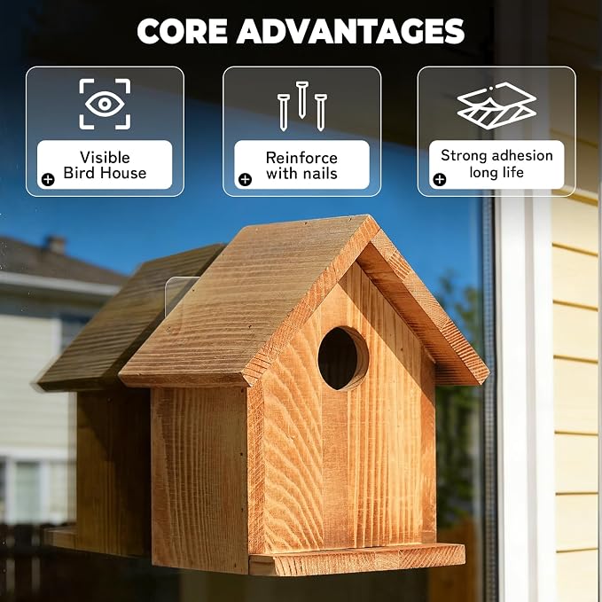Window Bird Houses for Outside with 2 Powerful Hooks, Clear Window for Viewing Inside, Hanging Wooden Birdhouses with Weather Treated for Outdoors, Bird Nesting Box for Bluebird Finch Chickadee