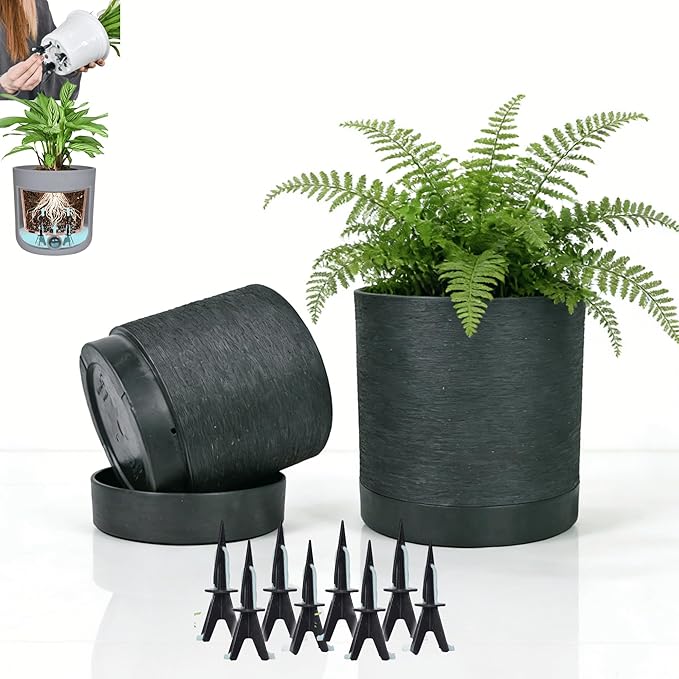 GreenShip Planter Set of 2 (13.7" & 11.8") – Dual-Use Self-Watering or Traditional Indoor Cylinder Flower Pots with Saucers & Side Drainage – Durable Lightweight Clay & Resin Blend