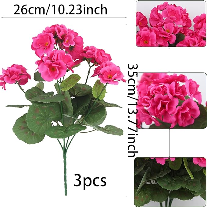CITYES 3 Pcs Artificial Geraniums Flowers Silk Geraniums for Outdoors UV Resistant Rose Red Artificial Geranium Bush Faux Flowers Plant for Planter Garden Home Decor Patio Vase Table Centerpiece