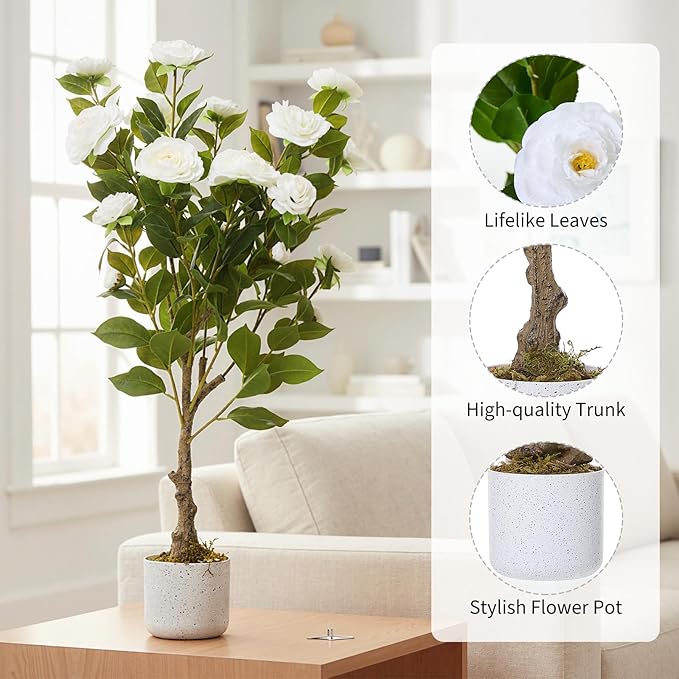 Garvee 2.8FT Artificial Camellia Tree 2 Pack, Faux Camellia Plant with White Planter and 20 White Flowers, 34" Fake Potted Flower Trees for Home and Office Decor