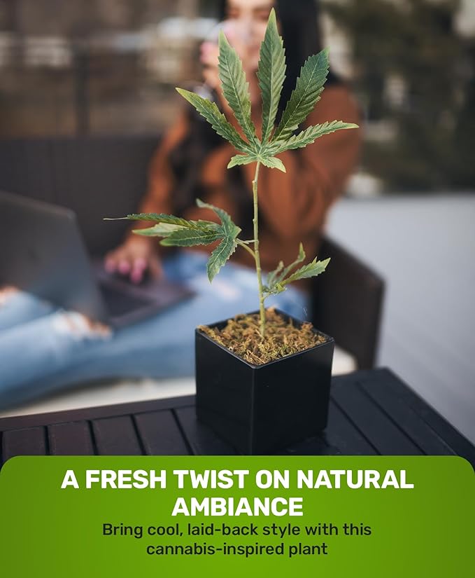 15 Inch Cannabis Fake Weed Plant for Home Decor with Black Pot – Lifelike Artificial Marijuana Leaf, Zero Maintenance Faux Indoor Plant for Room, Office, Shelf, Pranks & Gifts, UV Resistant