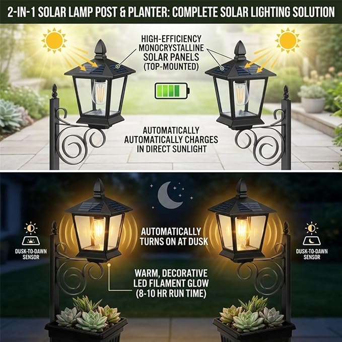 2-in-1 Outdoor Solar Lamp Post Light with Planter: Illuminate & Decorate Your Garden, 2-in-1 Solar Lamp Post with Planter, Solar Post Light with Planter, for Patio, Front/Back Door Decor (1 Set)