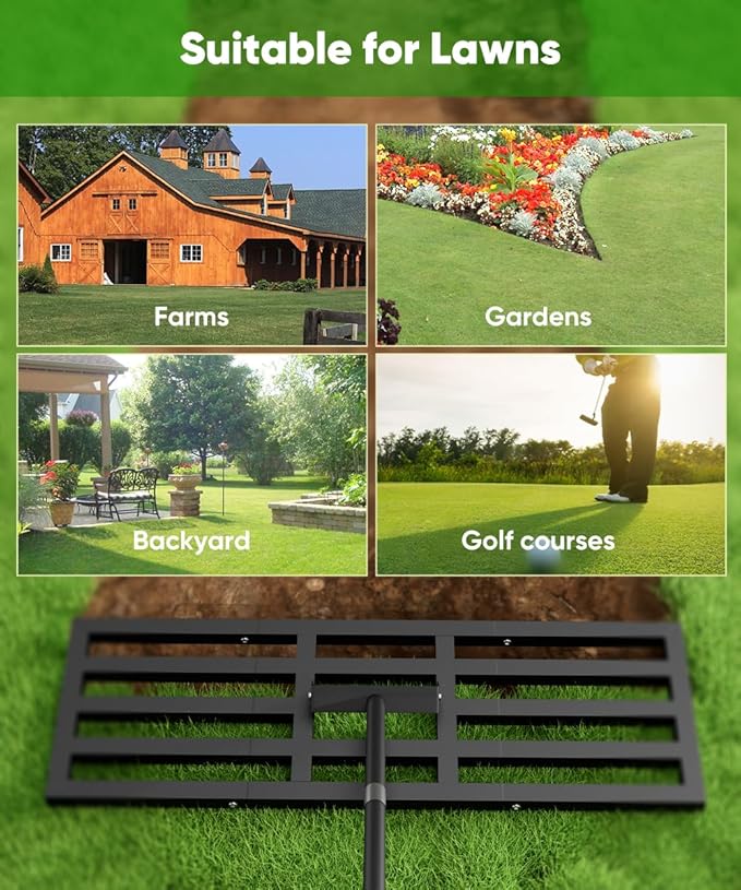 Lawn Leveling Rake 36x10 inch, Heavy Duty Reinforced Lawn Leveler Tool, Garden Landscape Rake with 77" Adjustable Handle, Yard Ground Leveler for Backyard, Garden, Golf Course, Farm, Pasture