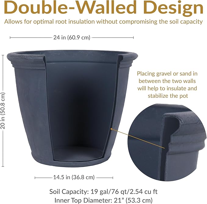 Sunnydaze 24-Inch Anjelica Large Plastic Pot for Plants - Outdoor Double-Walled Large Plastic Planter with Drillable Drainage Holes - Slate - 3pk