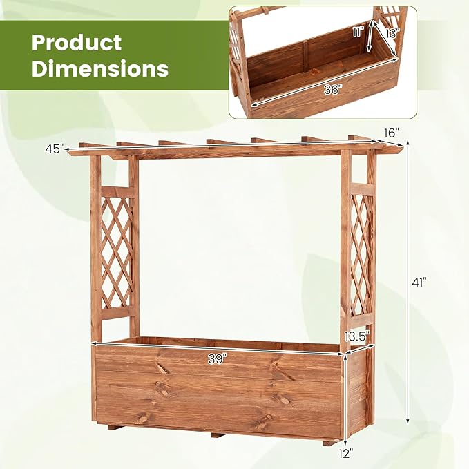 Giantex Raised Garden Bed with Sided Trellis & Roof Set 2, 31”x16”x41” Wood Elevated Planter Box, Freestanding Garden Planter Raised Bed for Flowers Herbs Climbing Vines,Brown