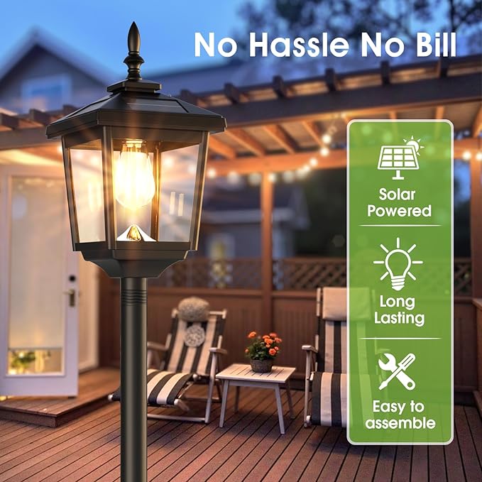 Greluna Solar Lamp Post Light Outdoor, Warm White, IP45 Waterproof Solar Post Lights Outdoor, Pole Lights Decorative Lamp for Yard Garden Patio Lawn Pathway Driveway Front/Back Door 2 Pack