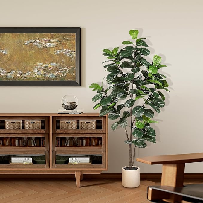 Fiddle Leaf Fig Tree Artificial - 6ft Faux Fiddle Leaf Fig Tree with White Planter - Fig Tree Artificial with Lifelike Leaves for House Office Living Room Indoor Home Decor