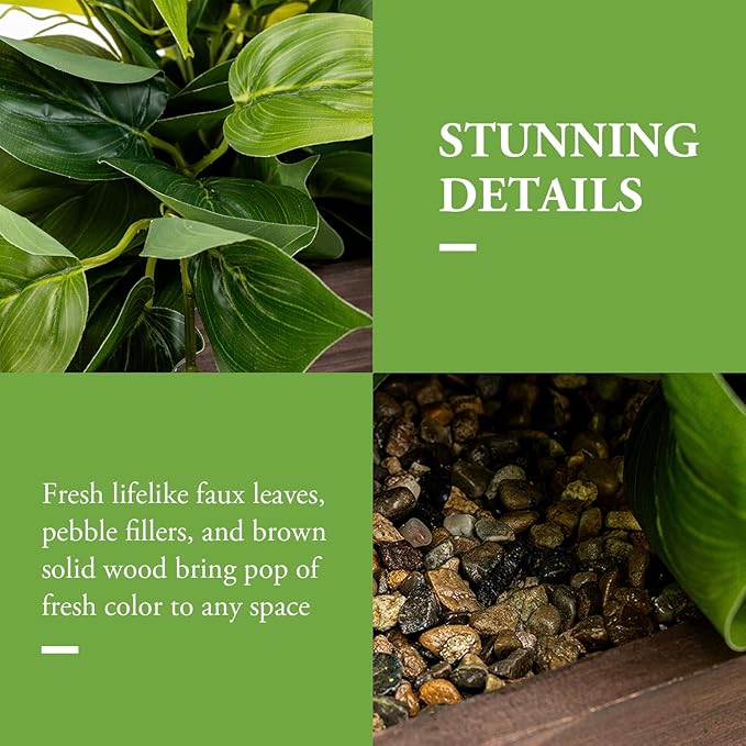 MyGift Vibrant Lifelike Artificial Plant Pothos Leafy Vine Greenery in Burnt Brown Solid Wood Rectangular Planter Box