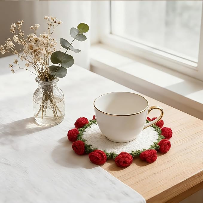 Handmade Crochet Red Rose Coaster, Realistic Mini Flower Pot Holder, Washable Cotton Yarn Table Decoration, Multi-Purpose Mat for Cup & Mug, 2 x 2 x 3.5 inches