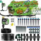 Drip Irrigation System with Water Timer for Garden,Main ID 1/2inch 16.5Ft and 1/4inch 96Ft Water Hose, Watering System Sufficient Water Pressure, Irrigation Dripper Waterflow Evenly Easy DIY