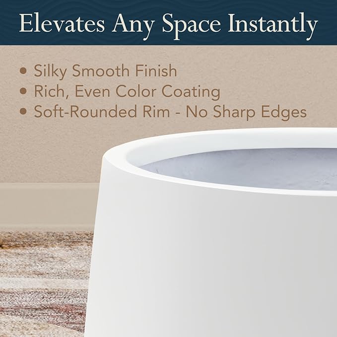 12.5" H x 11.4" D Premium Corso Fiberstone Round Tapered Planter with Drainage Hole, Weather Resistant for Indoor and Outdoor Use, Included 2 Extra Coco Mats (White, 9" Pot Opening)