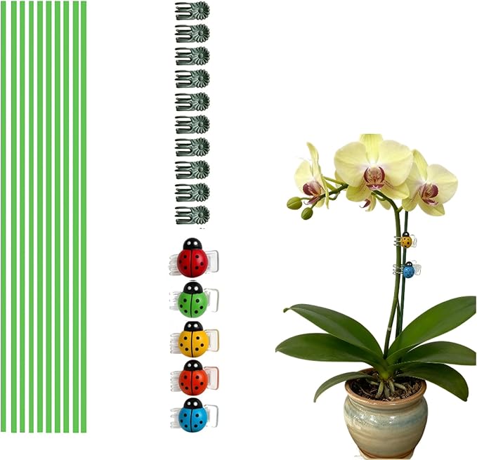 10 Pcs 16.5 Inch Bendable Metal Orchid Plant Support Stakes, Garden Flower Stakes with 15 Clips for Indoor Outdoor Potted Plants, Stem Support for Amaryllis Tomatoes Zinnias & More Flowers