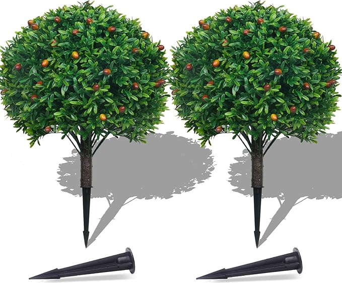 PATIO CHOICE Topiary Trees Artificial Outdoor Boxwood Ball Trees with Ground Spike Set of 2 22" Fake Outdoor Plants Faux Bushes and Shrubs Decorations for Outdoor Indoor Front Porch Garden