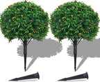 PATIO CHOICE Topiary Trees Artificial Outdoor Boxwood Ball Trees with Ground Spike Set of 2 22" Fake Outdoor Plants Faux Bushes and Shrubs Decorations for Outdoor Indoor Front Porch Garden