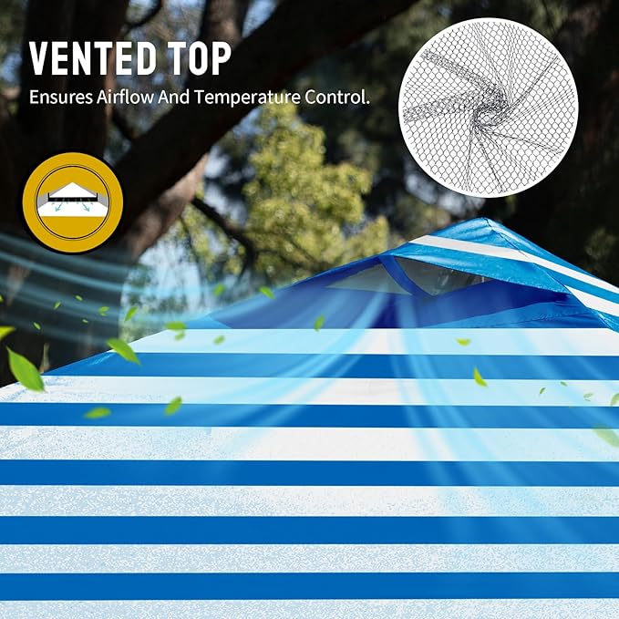 CROWN SHADES 10x10 Pop Up Canopy - Beach Tent with One Push Setup - Outdoor Sun Shade for Events, Parties, Camping - STO-N-Go Cover Bag, Silver Coated Top, 3 Height& 4 Sand Bags, Sky Blue Stripes