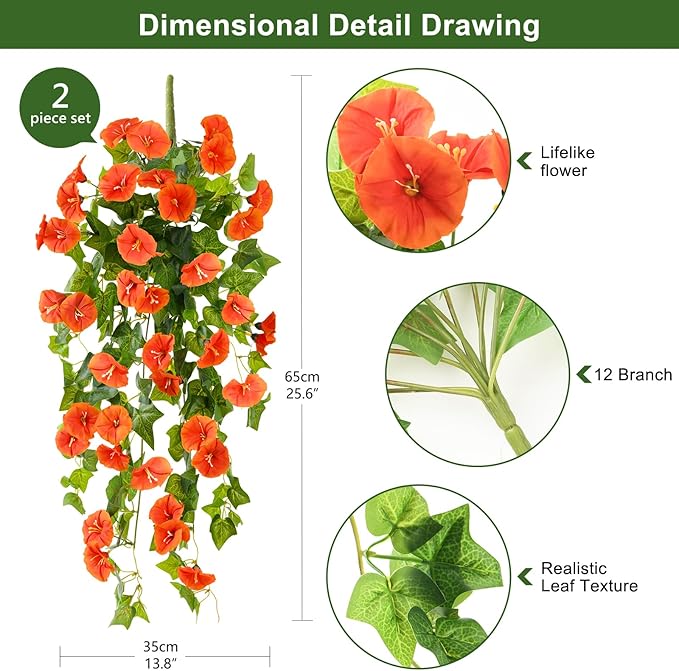 Homsunny Artificial Fake Flowers Plants for Outdoor Decoration, 2PCS Faux Petunias Silk Flower UV Resistant No Fade for Home Outside Garden Balcony Yard Porch Realistic Indoor Decor (Orange)