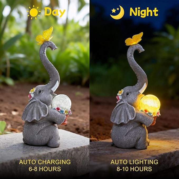 BeePeep Solar Elephant Garden Statues Decor Waterproof Figurine Resin Sculpture Gift for Mom Grandma, Outdoor Decorations for Porch Lawn Yard Home House Gardening Birthday Housewarming (Elephant)