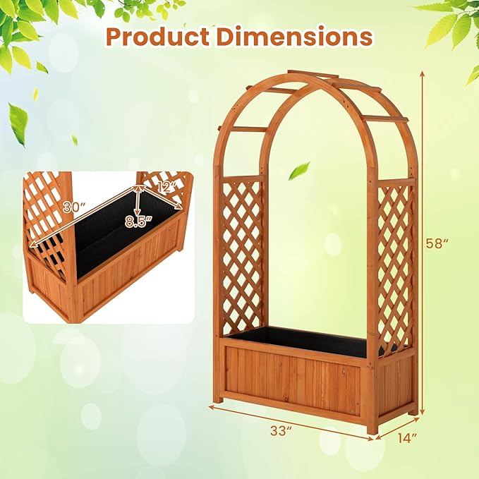 HAPPYGRILL Raised Garden Bed with Trellis, Wooden Elevated Planter Box w/Ached Roof & Detachable Bottom Panels, Liner, Drainage, Indoor Outdoor Wood Planter for Climbing Plants Vine Flower (1)
