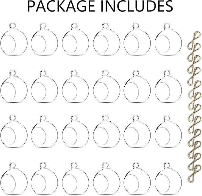 Nuptio 24 Pcs Hanging Glass Tealight Holder Globe 2.36" Diameter, Tea Light Candle Holders Wedding Christmas Halloween Home DIY Gifts, Garden Hanging Ornaments Outdoor Candle Holders