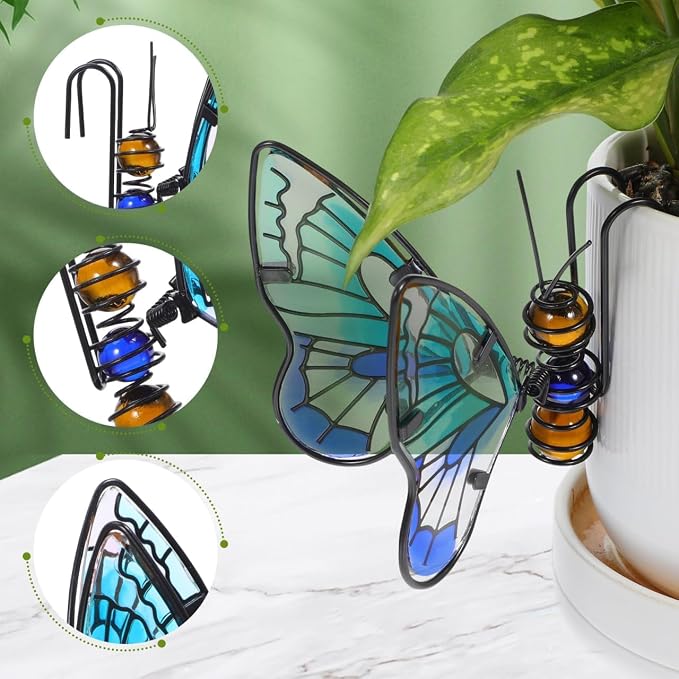 Toddmomy 3Pcs Butterfly Decorations for Plant Pots, Metal and Glass Butterfly Pot Huggers for Garden Decor, Colorful Outdoor Plant Ornaments for Patio & Spring Yard Art, Gift for Women