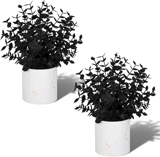Taybonds 2 Pack Black Fake Eucalyptus Plants Potted, Small Artificial Plants in Marble Ceramic Pots, Black Christmas Decor for Shelf Desk Office Bathroom, Gothic & Minimalist Winter Home Decoration