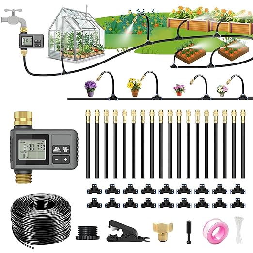 60Ft Drip Irrigation System with Smart Water Timer – Automatic Garden Watering Kit with Solid Brass Metal Connectors, 360° Adjustable Nozzles & Bendable Tubing for Garden, Greenhouse & Lawn