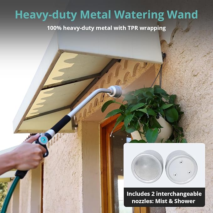 QUOBAS 24" Watering Wand with Interchangeable Spray Head, Garden Hose Sprayer Nozzle with Shower & Mist Modes, Thumb Control Long Reach Hose Nozzle for Hanging Baskets, Lawn, Garden & Outdoor Watering