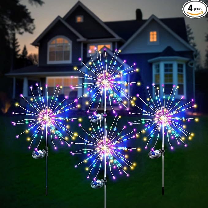 Anordsem Solar Lights Outdoor Waterproof: 4 Pack Garden Light - Bendable Copper Wire with 120 LED Firework Beads - DIY Colorful Fun Decoration for Yard Patio - Twinkle Sparkler Gifts for Women Wife