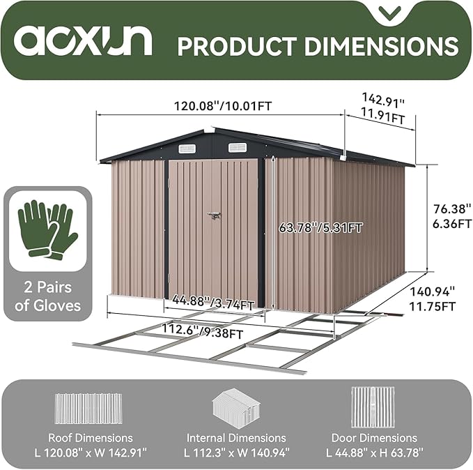 Aoxun 10x12 FT Galvanized Steel Outdoor Storage Shed with Base, Lockable Door & Sloped Roof, Metal Storage Shed Waterproof Tool Storage House for Garden, Backyard, Patio, Poolside (Brown)