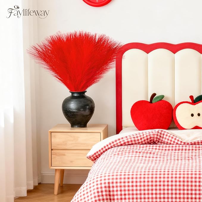 50 PCS Red Pampas Grass, 17in Pampas Grass Decor, Artificial Pompas Wall Decor for Vase Room Bedroom Kitchen Table Wedding Party Birthday Baby Showers（Red）